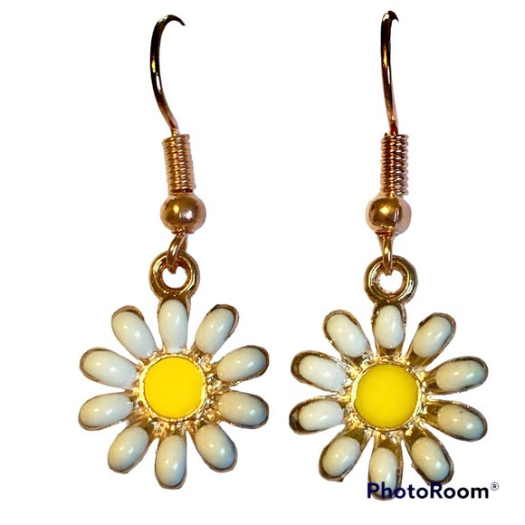 Daisy Flower Earrings Rose Gold Plated Enamel White Yellow Dangle Dainty - Picture 2 of 12